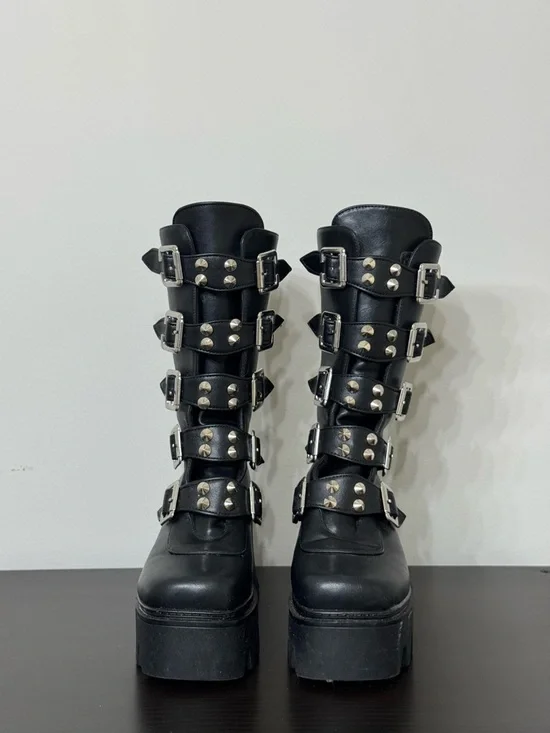 Women’s Black Buckle Platform Combat Boots - Picture 3 of 3